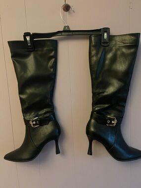 Black Knee-High Heeled Boots with Gold Buckle Accent , never worn.